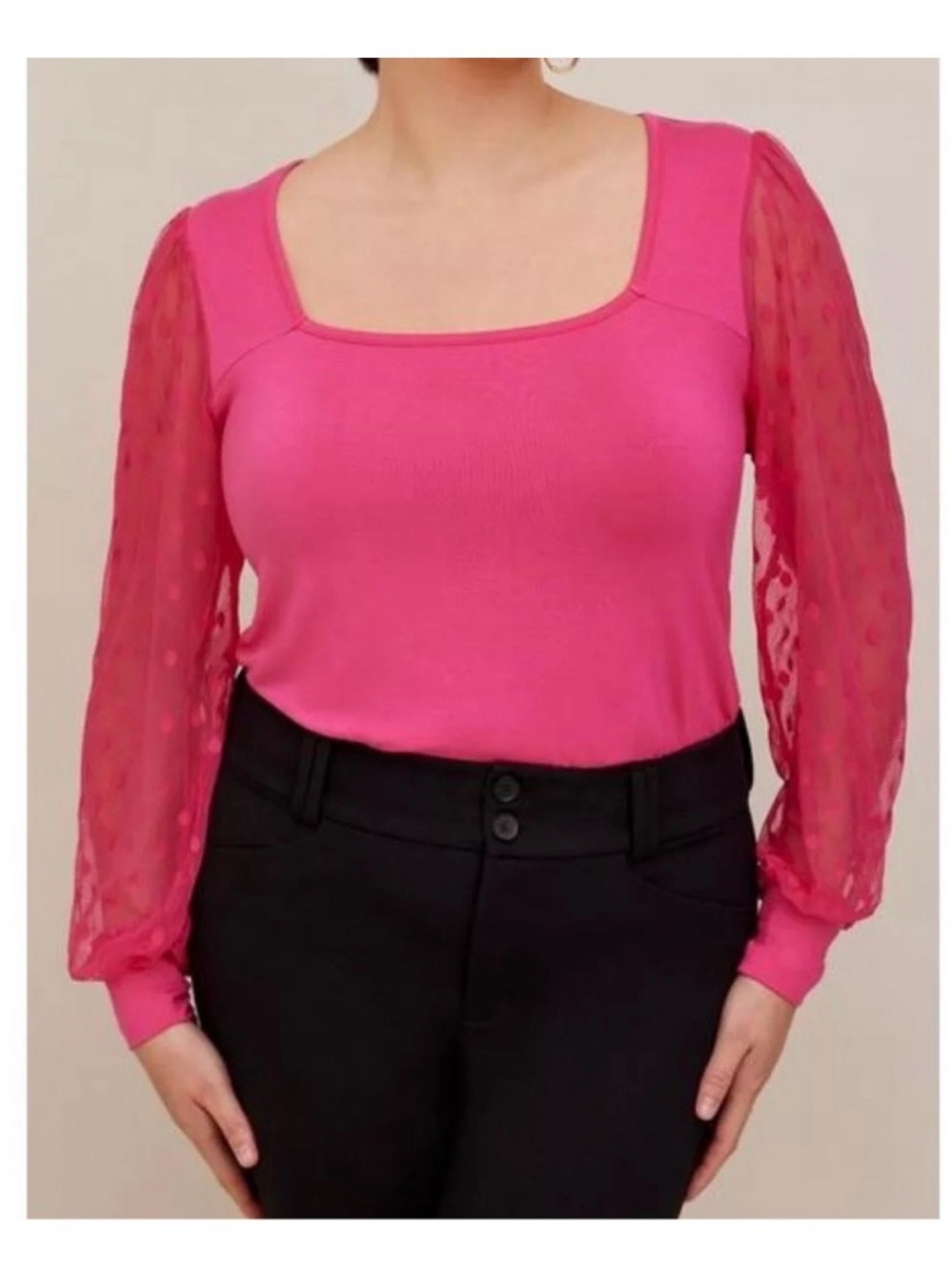 Torrid Fuchsia Scoop Neck Top with Sheer Dot Sleeves